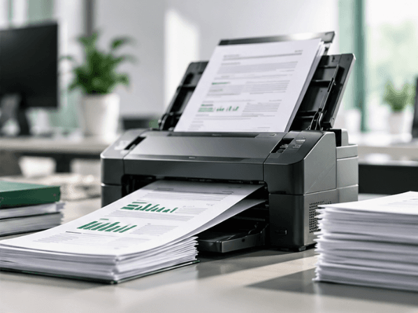Document scanner digitising a stack of business documents.